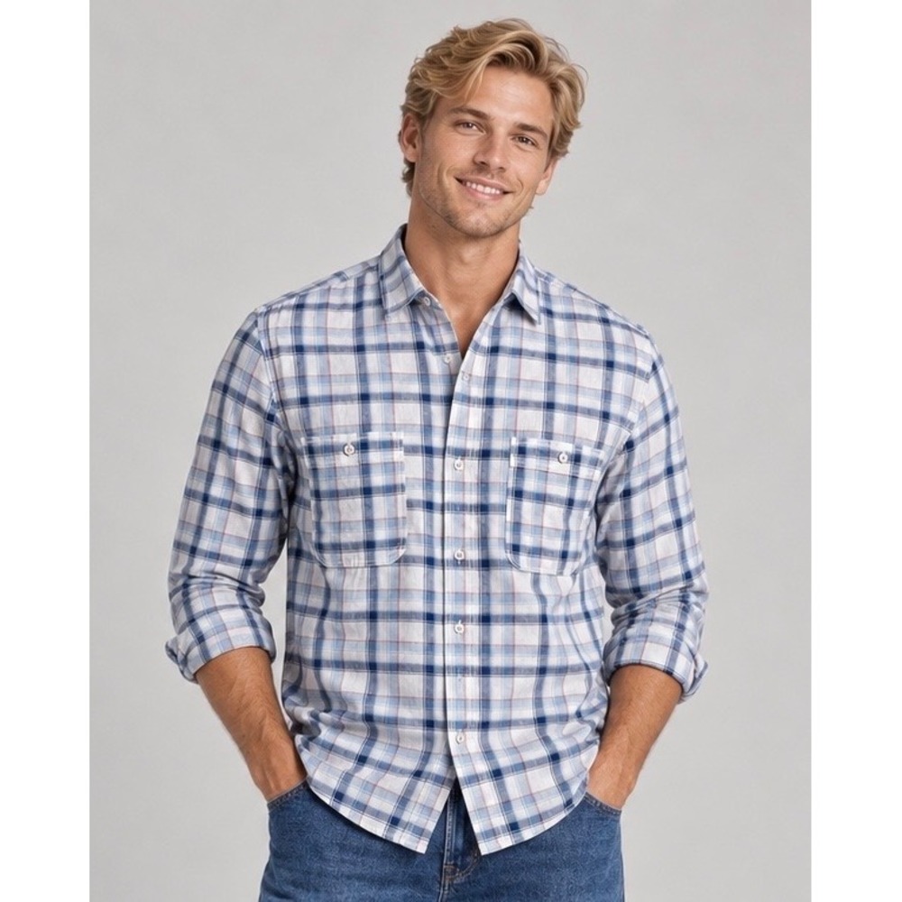 Hugo Boss Orange Mens Plaid Roll Tab Long Sleeve Button Up Shirt Blue Size M